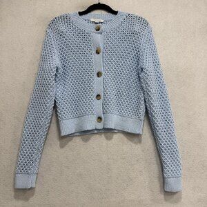 Ann Taylor Weekend Cardigan Sweater Womens MP Blue Open Knit Button Cropped